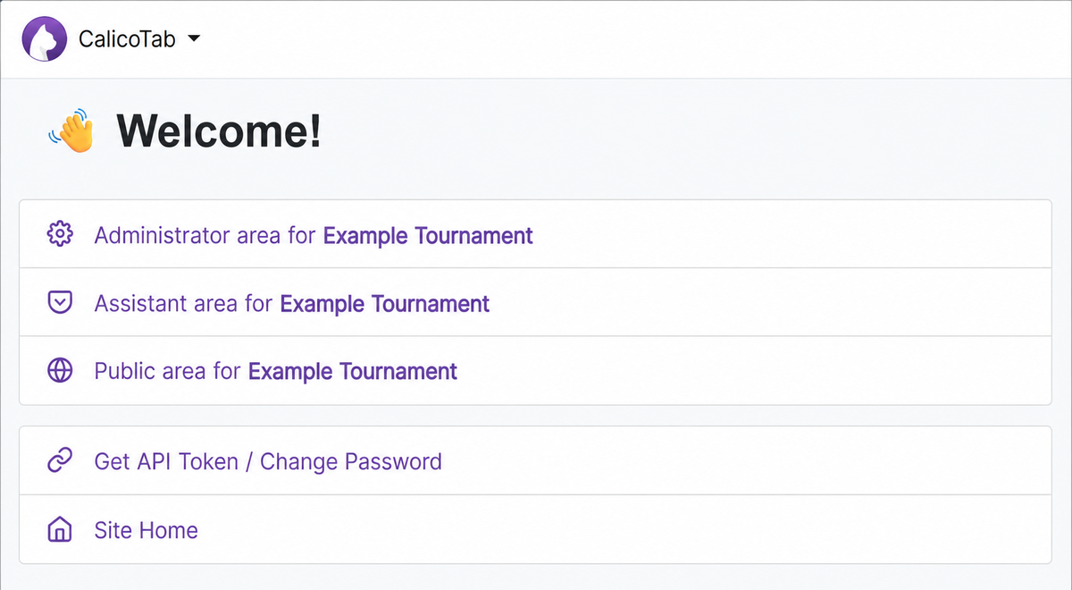 Sanitized CalicoTab Site Home showing the Get API Token and Site Home options