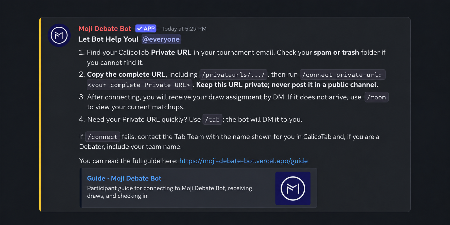 Website-style Discord mockup of the Moji Debate Bot /onboard message showing four numbered connection steps, connect-failure guidance, the full guide link, and a redacted Private URL placeholder