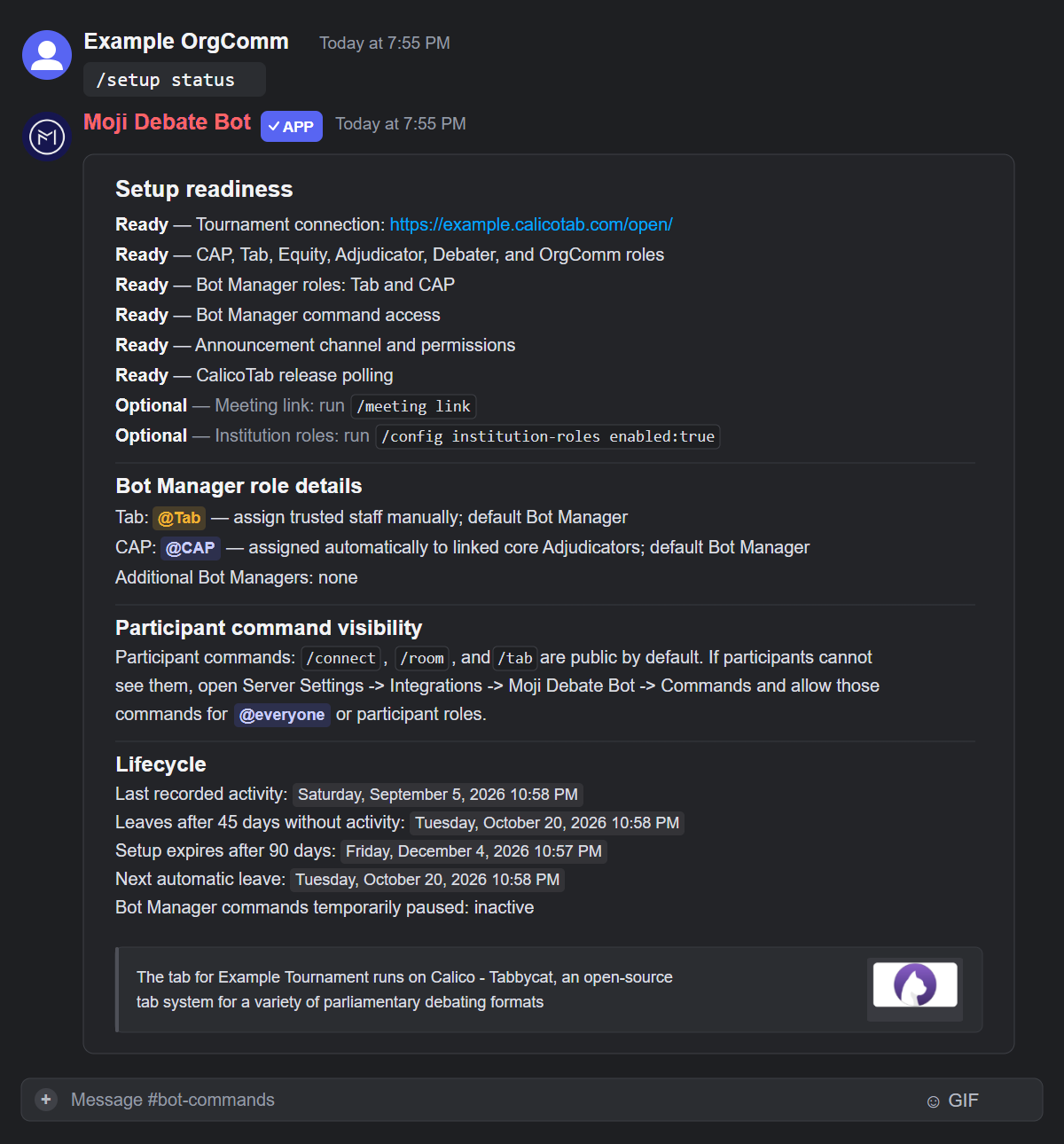 Private Discord setup status reply showing setup readiness checklist, Bot Manager role details, participant command visibility, lifecycle deadlines, and CalicoTab embed